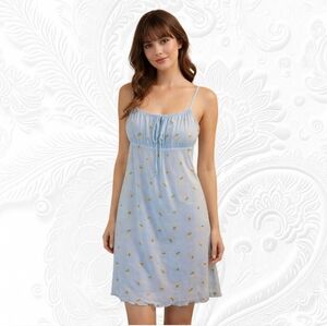 See You Monday Sky Blue Lemon Printed Mesh Ruched Mini Dress Size Medium